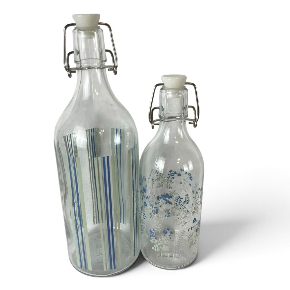 Set Of 2 Retired IKEA KORKEN Glass Bottles w/ Stopper Blue Green Floral Stripes